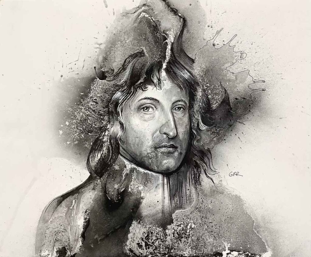 Portrait of Isaac Newton — Glen Ronald Artwork from the ink on paper series, original painting and Canadian art