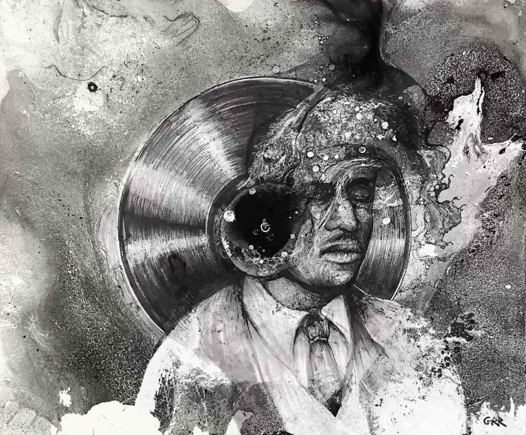 Portrait of Blind Willie Johnson — Glen Ronald Artwork from the ink on paper series, original painting and Canadian art