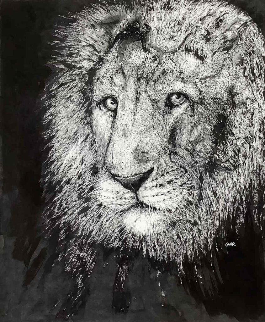 Ink lion — Glen Ronald Artwork from the ink on paper series, original painting and Canadian art